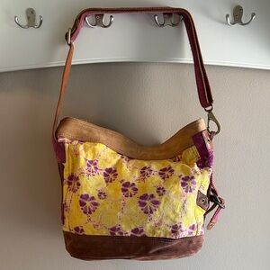 Vintage Lucky Brand Floral Yellow and Purple Women's CrossBody Hobo Bag